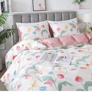Floral Watercolor Cotton Duvet Cover Set in Pink and Green - Unbranded